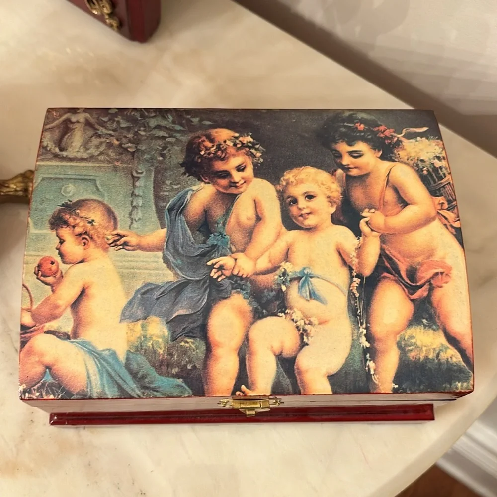 Vintage lacquer jewelry box with angels depicted